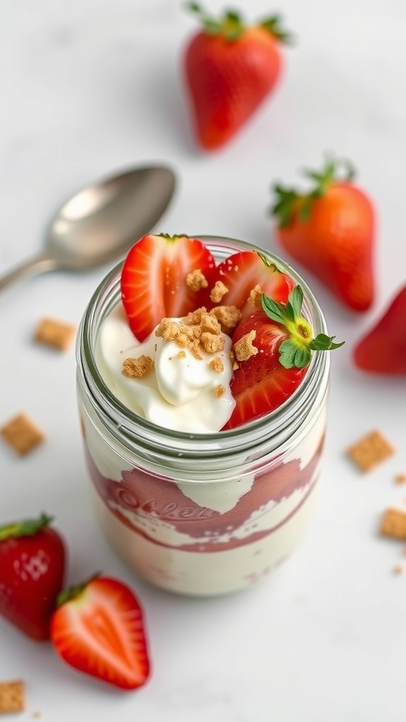 A jar of strawberries and cream overnight oats topped with fresh strawberries and granola.