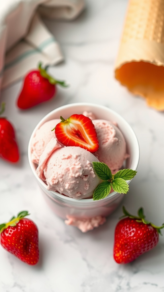 A bowl of strawberry cottage cheese ice cream garnished with a fresh strawberry and mint leaves.