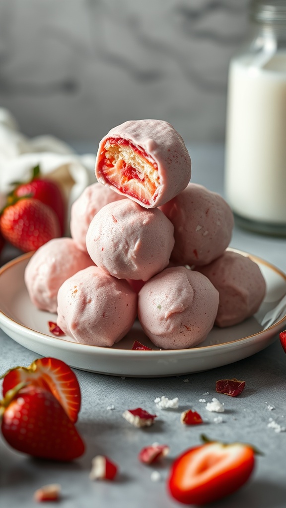 A plate of strawberry cream cheese fat bombs with fresh strawberries