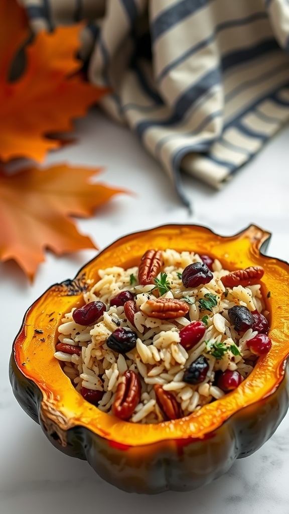 Stuffed acorn squash filled with rice, beans, and nuts