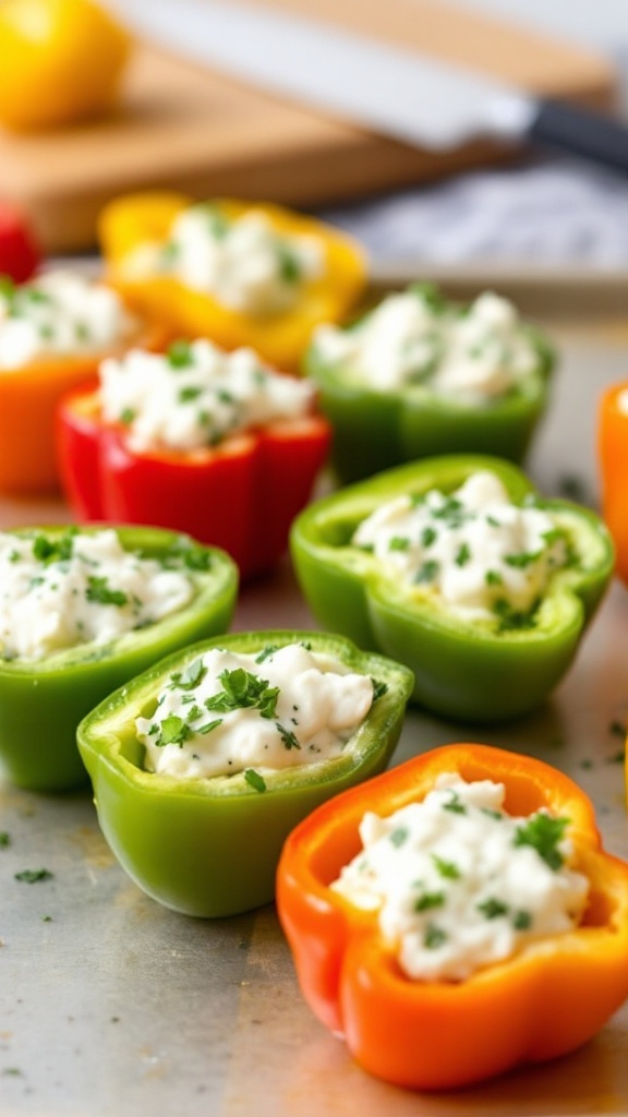 Colorful stuffed mini peppers arranged on a baking tray