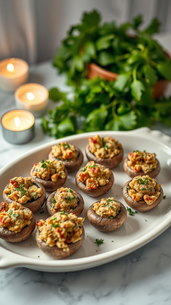 Stuffed mushrooms with sage and sausage arranged on a platter.