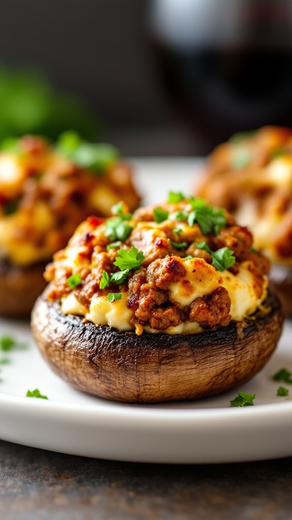 Stuffed mushrooms filled with sausage and cream cheese on a wooden board