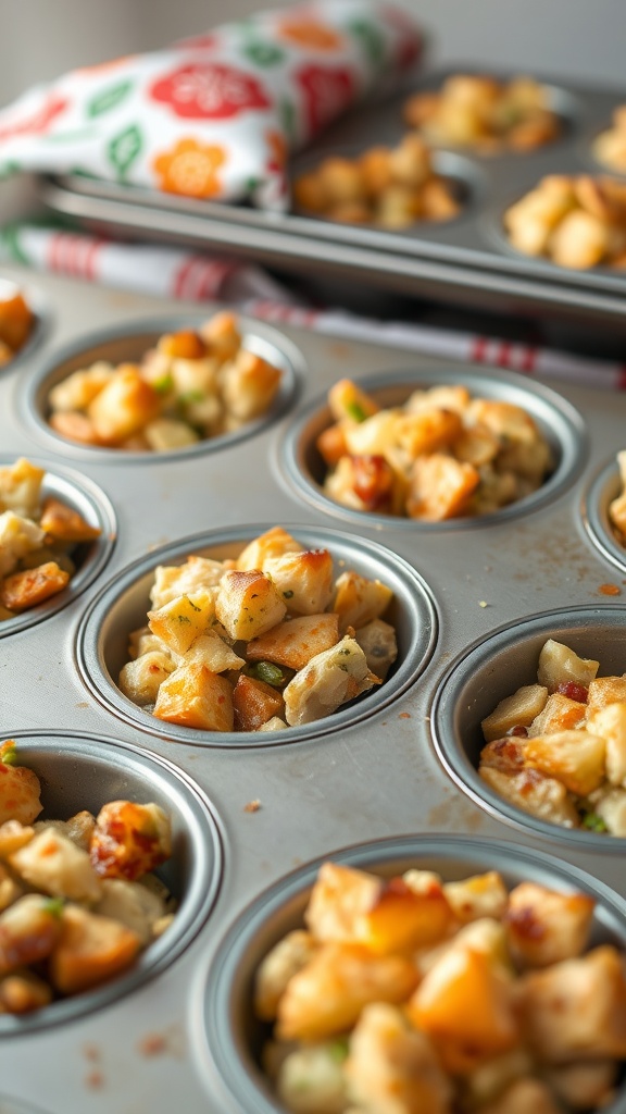 Stuffing muffins baked in a muffin tin, showcasing individual servings of stuffing.