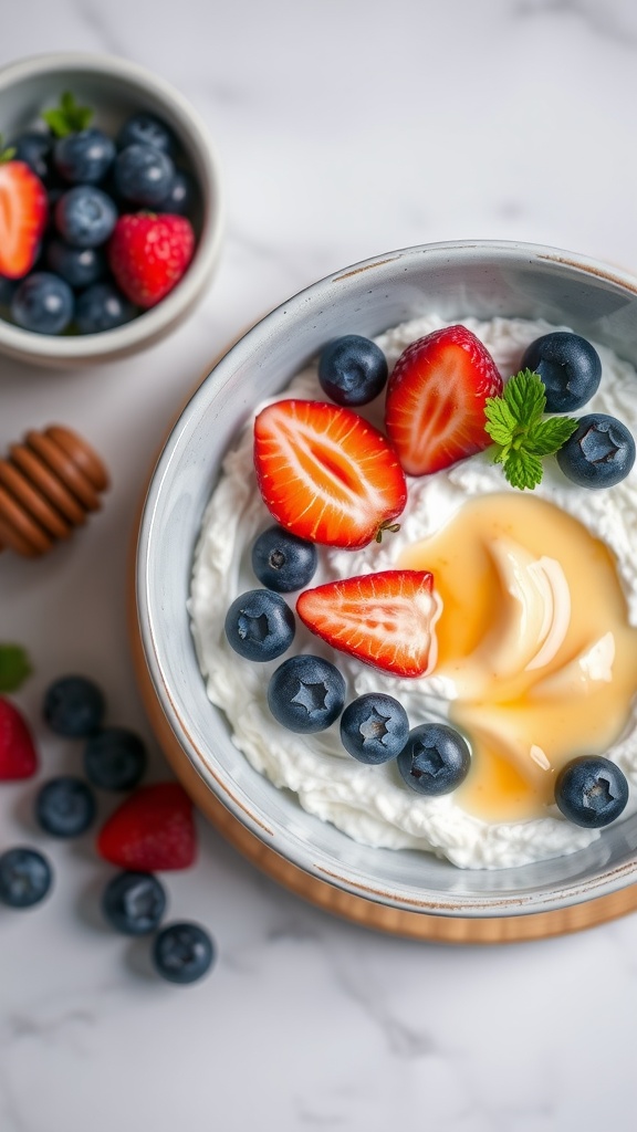 A sweet cottage cheese bowl topped with fresh berries and honey.