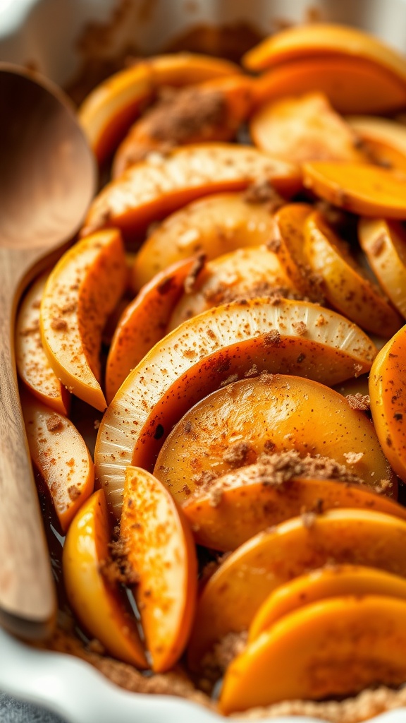 A baked dish of sweet potatoes and apple slices, topped with cinnamon and sugar.