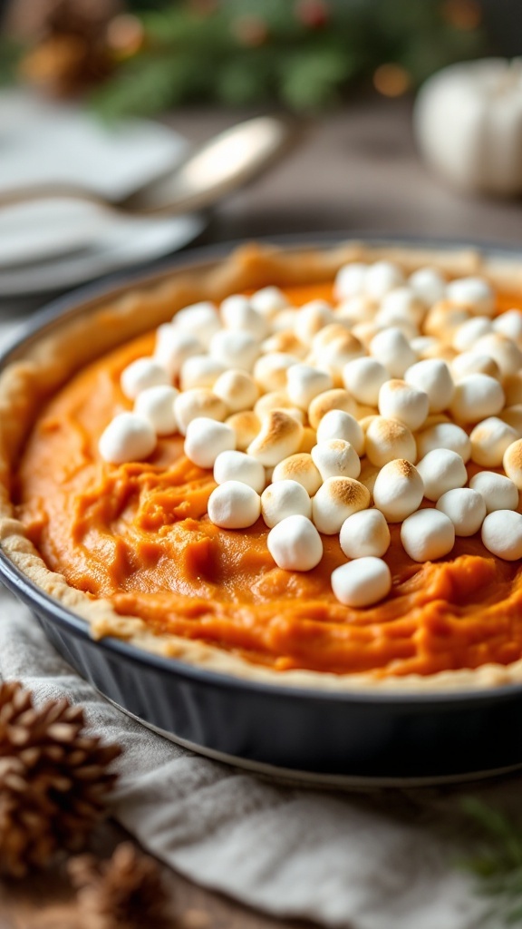 A delicious sweet potato casserole topped with toasted marshmallows, perfect for Thanksgiving.