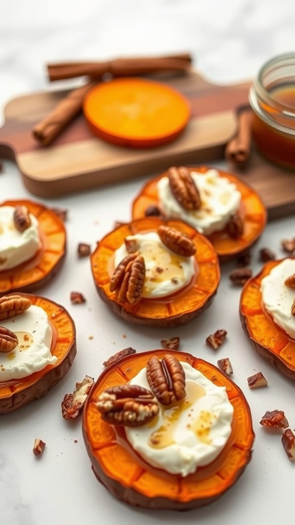 Sweet Potato Crostini topped with goat cheese and pecans for a Thanksgiving appetizer.