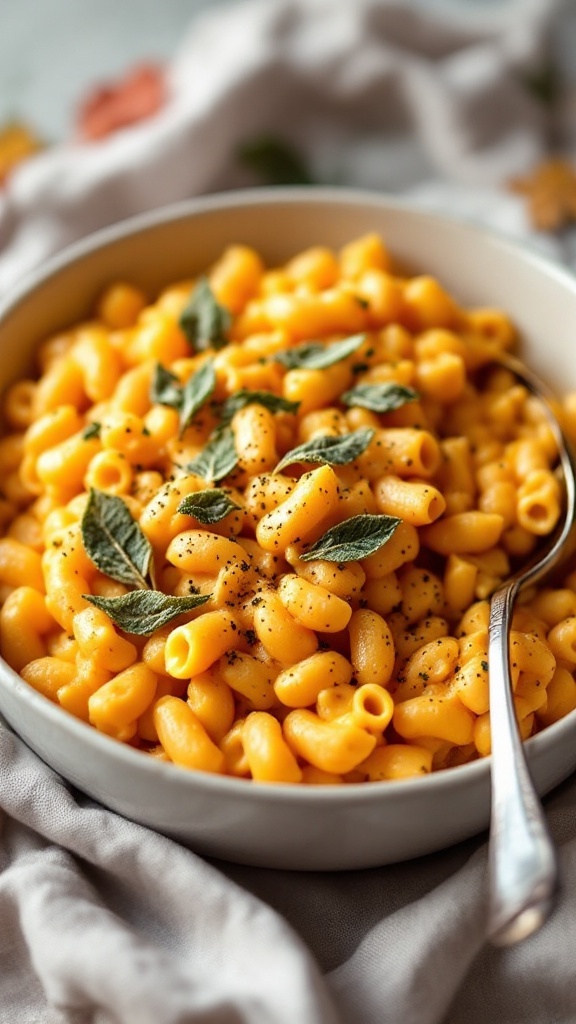A bowl of sweet potato mac and cheese with fresh herbs.