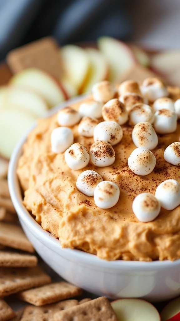 A delicious sweet potato marshmallow dip served with graham crackers and apple slices