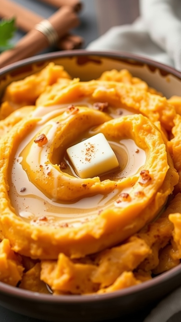 A bowl of creamy sweet potato mash topped with butter and a drizzle of maple syrup.