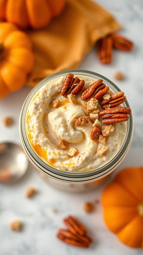 A jar of sweet potato pie overnight oats topped with pecans and graham cracker crumbs.