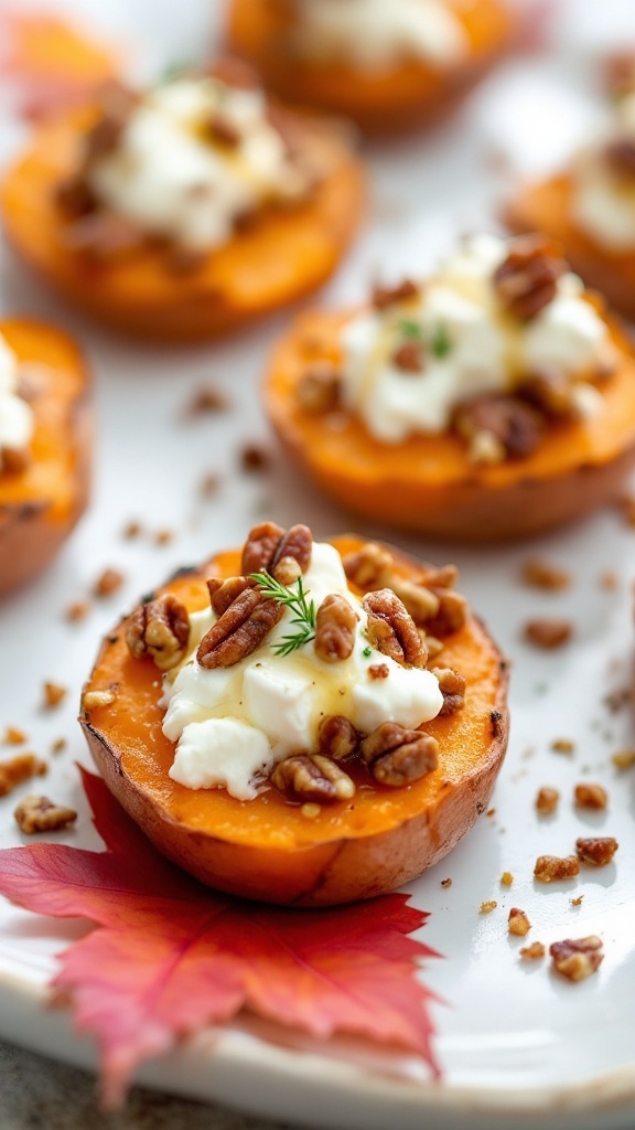 Sweet potato rounds topped with goat cheese and pecans, garnished with parsley.