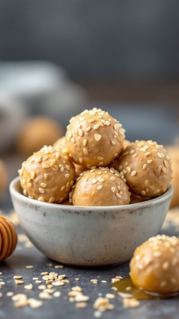 Delicious tahini honey protein balls with a drizzle of honey.