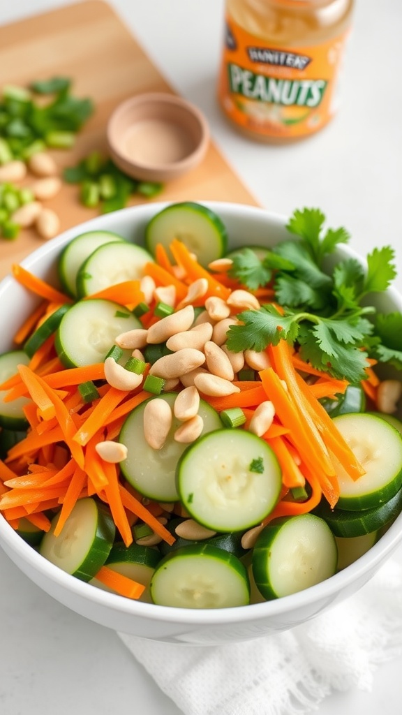 A vibrant Thai cucumber salad with sliced cucumbers, julienned carrots, and peanuts, garnished with cilantro.