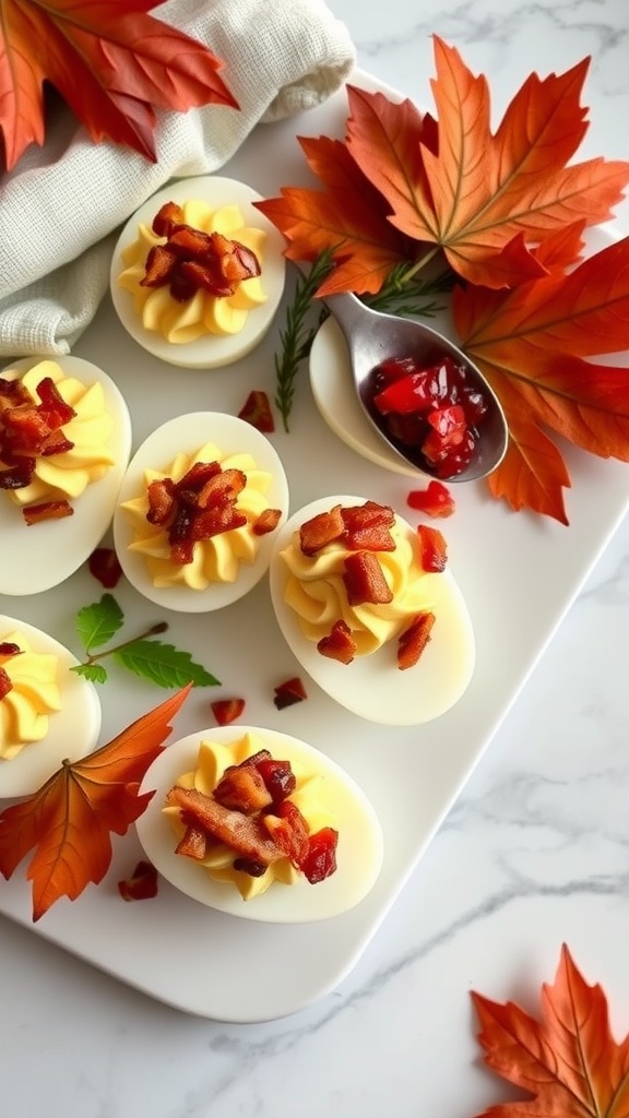 A plate of deviled eggs topped with bacon and cranberry sauce, garnished with greens and autumn leaves.