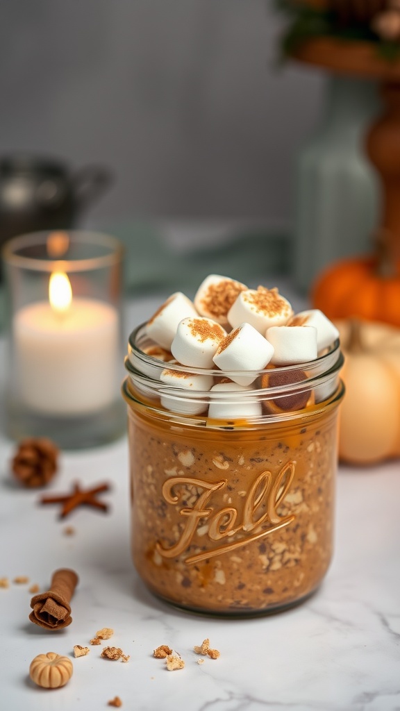 A jar of toasted marshmallow pumpkin oats topped with mini marshmallows and cinnamon.