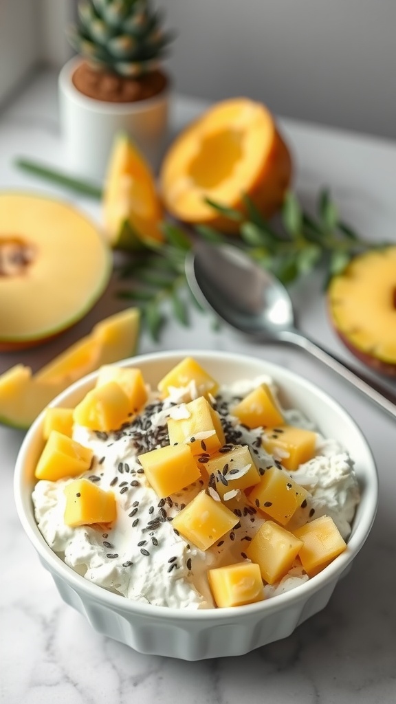 A bowl of cottage cheese topped with pineapple, coconut, and chia seeds.