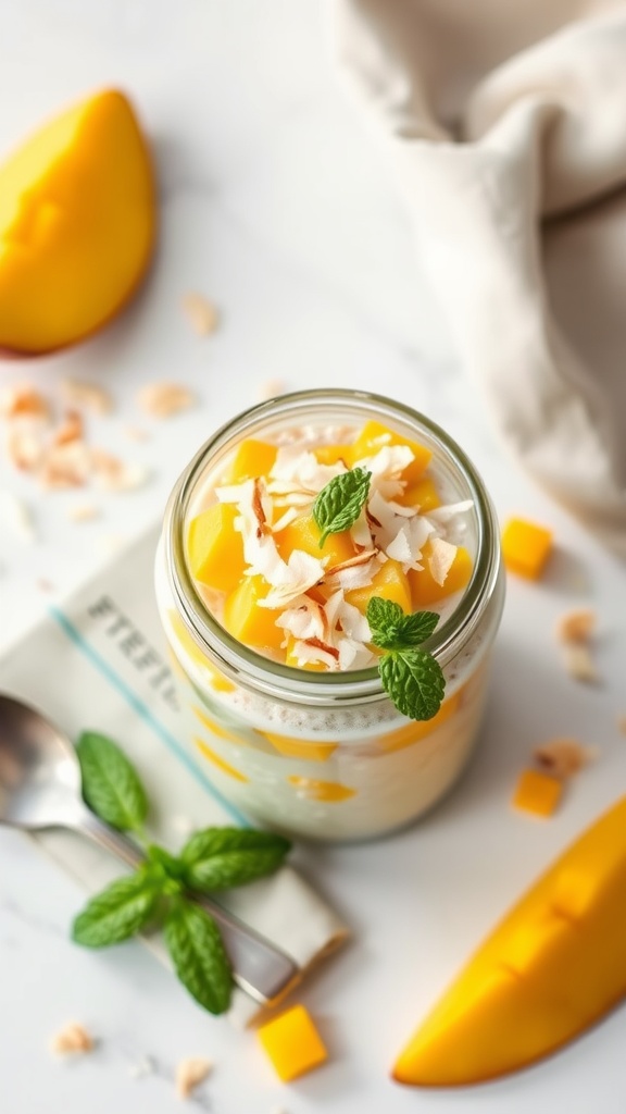 A jar of Tropical Mango Coconut Overnight Oats with fresh mango and coconut toppings.