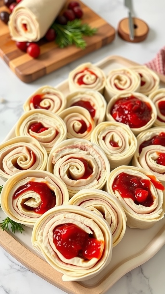 A display of turkey pinwheels with cream cheese and cranberry sauce.
