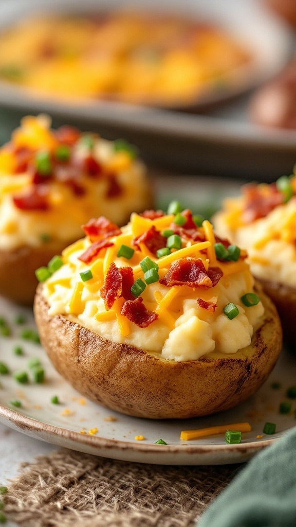 Twice-baked potatoes topped with cheese and bacon