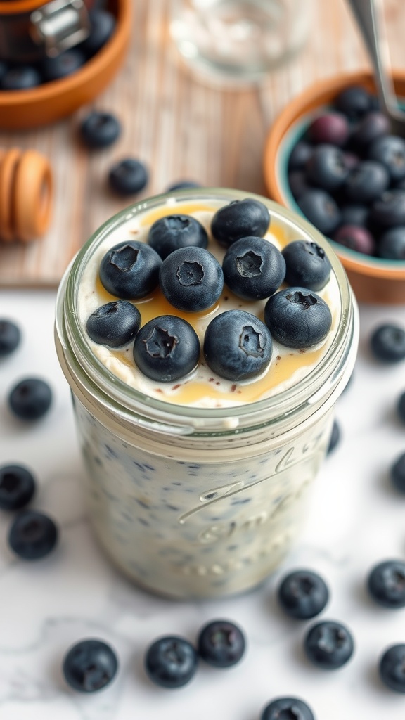 A jar of vanilla chia overnight oats topped with fresh blueberries