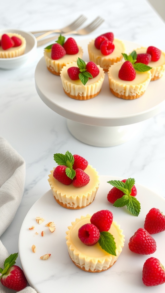 Mini vanilla cheesecakes topped with raspberries and mint leaves