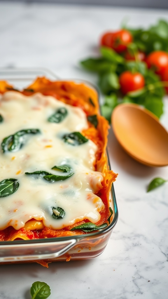 A delicious vegetarian spinach and ricotta lasagna ready to be served.