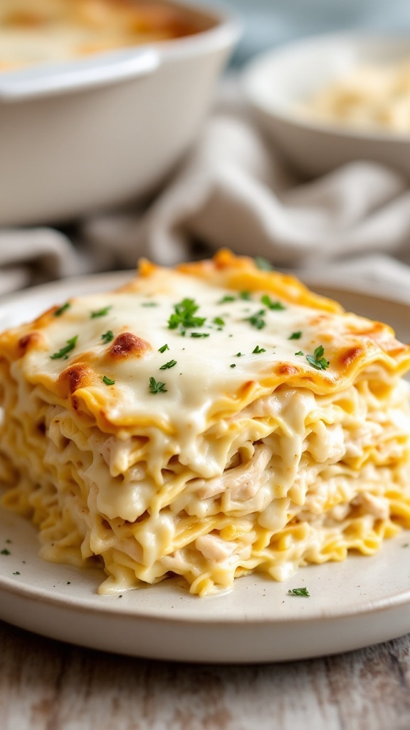 A serving of white chicken lasagna on a plate, layered with noodles, chicken, and cheese.