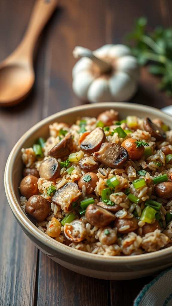 A bowl of wild rice and mushroom stuffing with vegetables.