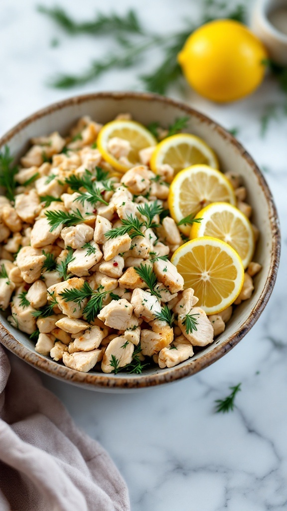 A bowl of zesty lemon dill chicken salad with diced chicken, lemon slices, and fresh herbs.