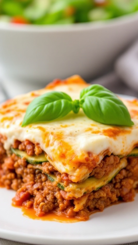 A delicious plate of zucchini lasagna with layers of sauce and cheese, garnished with fresh basil.
