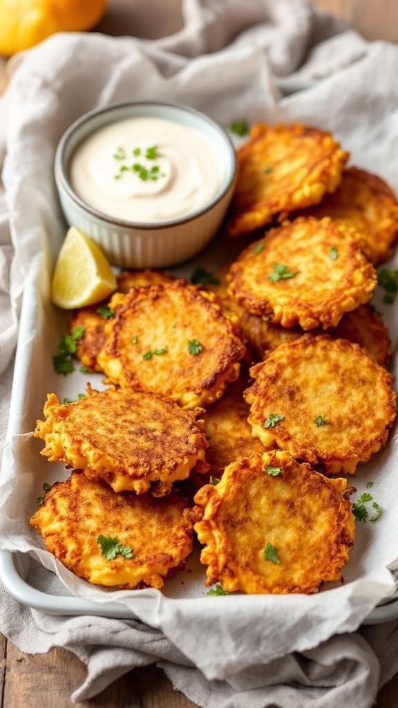 A plate of golden acorn squash fritters served with a creamy dip and lemon wedges.