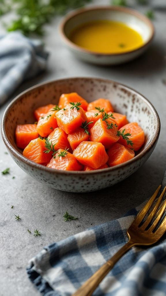 Ingredients for air fryer salmon bites including salmon, olive oil, and herbs.