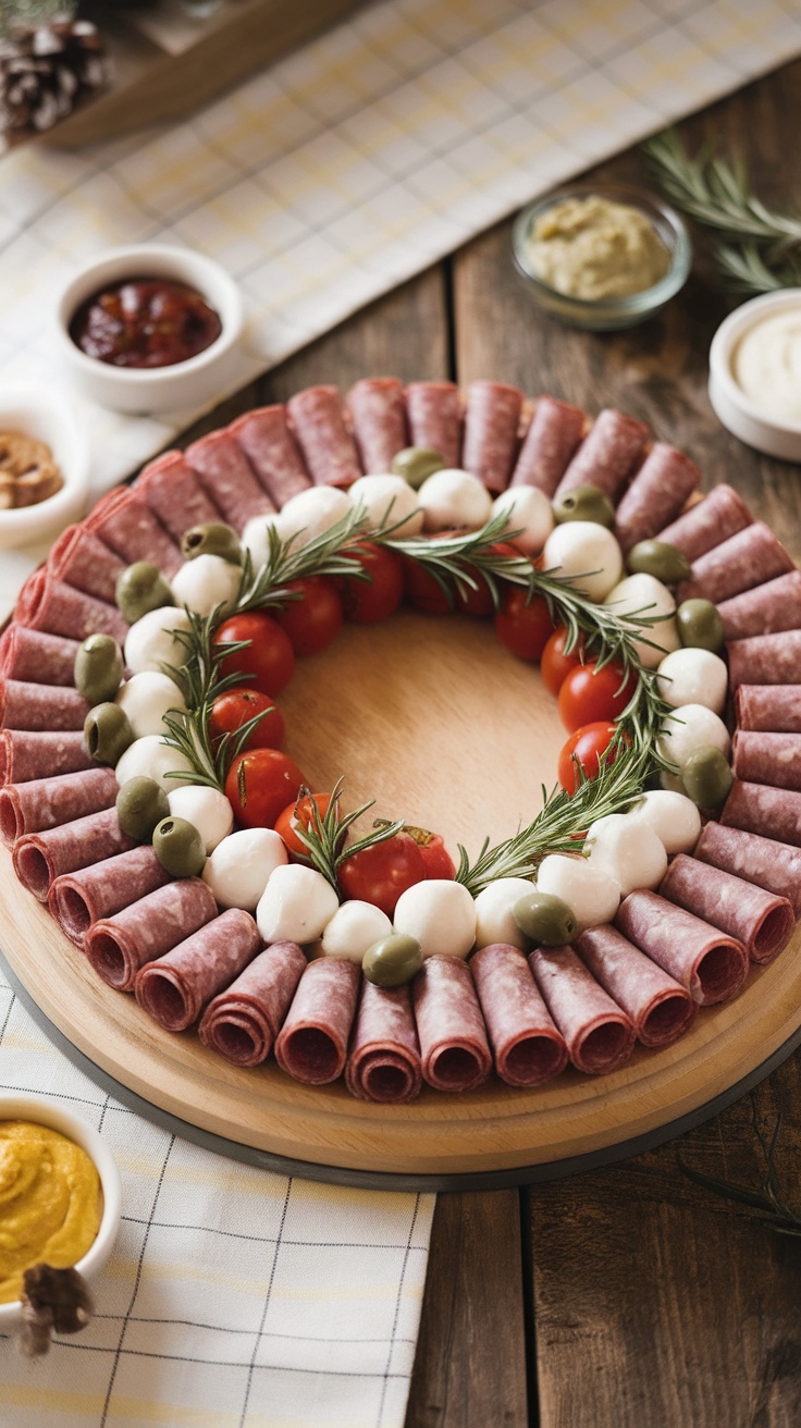 A festive Antipasto Christmas Wreath made with cured meats, cheeses, and vegetables arranged beautifully on a wooden platter.