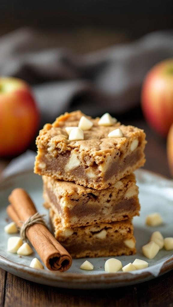 Delicious apple blondies with white chocolate chips stacked on a plate, surrounded by apples and a cinnamon stick.