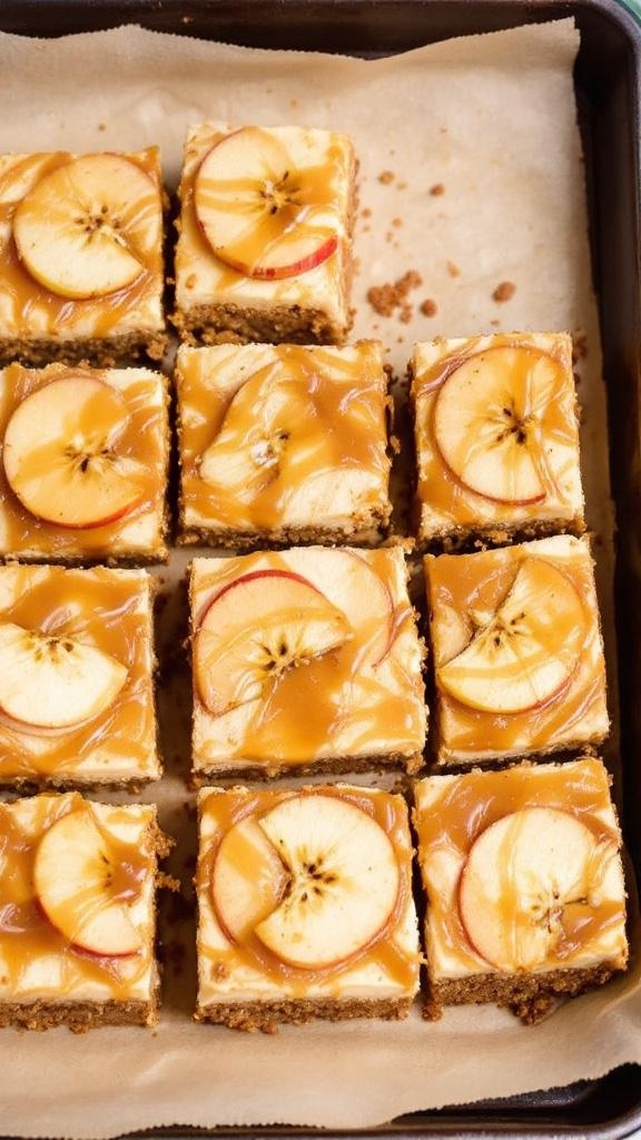 Delicious apple cider cheesecake bars topped with caramel and apple slices.
