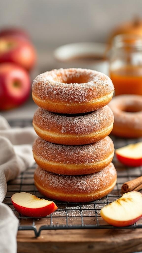 Delicious apple cider donuts stacked on a cooling rack with apple slices and cinnamon sticks
