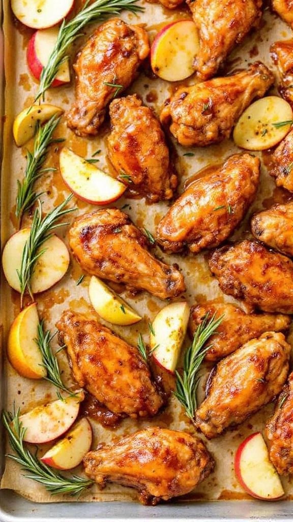 Delicious apple cider glazed chicken wings garnished with rosemary and apple slices.