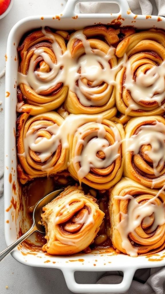 A delicious apple cinnamon roll bake topped with glaze in a white baking dish.