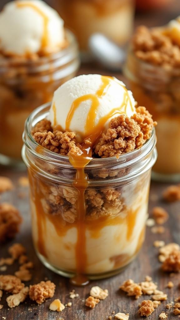 Apple crisp dessert in mason jars topped with ice cream and caramel sauce