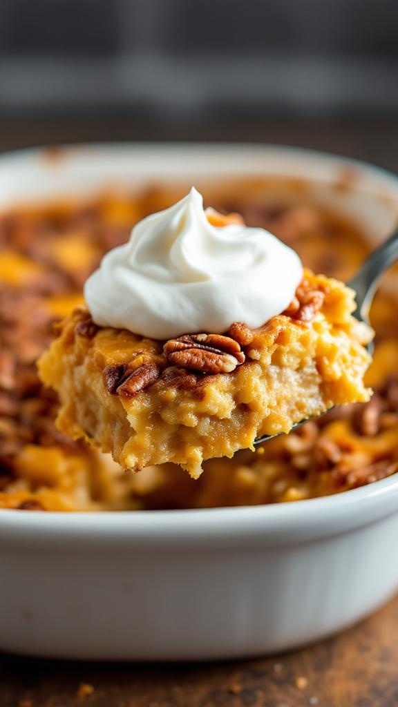 A delicious apple dump cake topped with caramel and pecans, served with whipped cream.