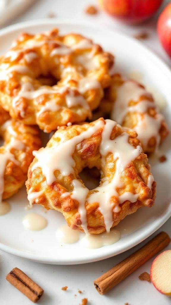Delicious apple fritters drizzled with glaze on a plate