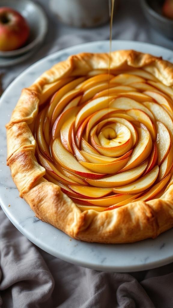 A beautifully arranged apple galette with a rustic crust and a drizzle of maple syrup.