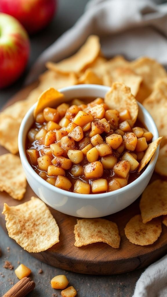 A bowl of apple pie dip surrounded by cinnamon chips on a wooden platter.