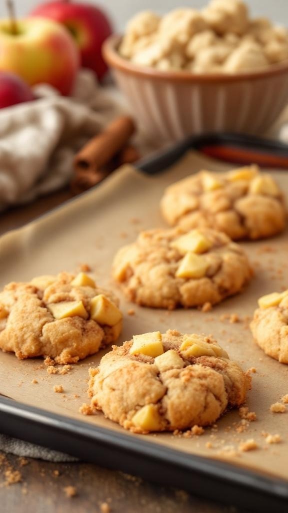 Freshly baked apple snickerdoodle cookies on a baking tray with apples in the background.
