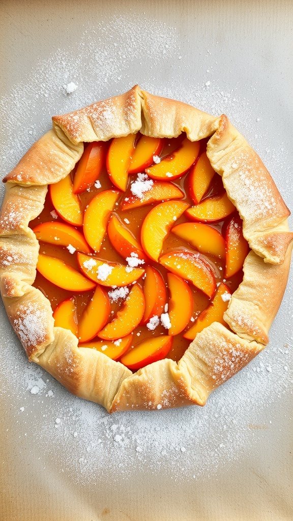 A freshly baked apricot galette with a golden crust and sliced apricots arranged inside.