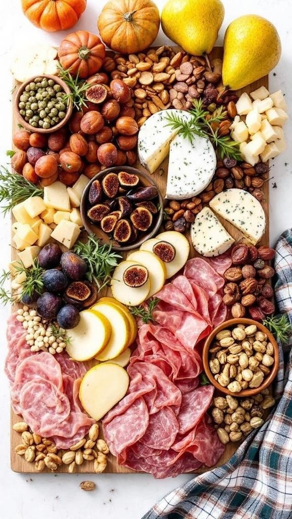 An autumn charcuterie board featuring cured meats, cheeses, fresh fruits, nuts, and a small pumpkin.