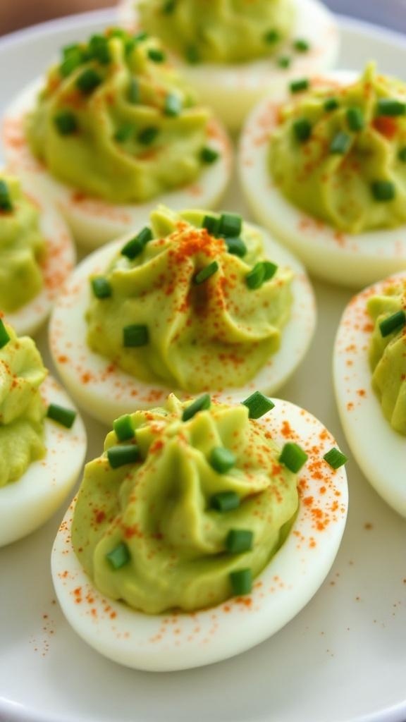 A plate of avocado deviled eggs garnished with paprika and chives.