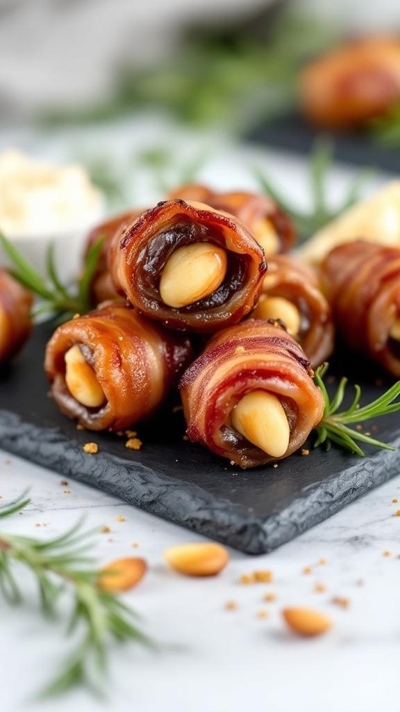 Bacon-wrapped dates filled with almonds on a slate platter